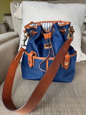 Dooney & Bourke Wayfarer Navy and Brown Drawstring Shoulder Bag